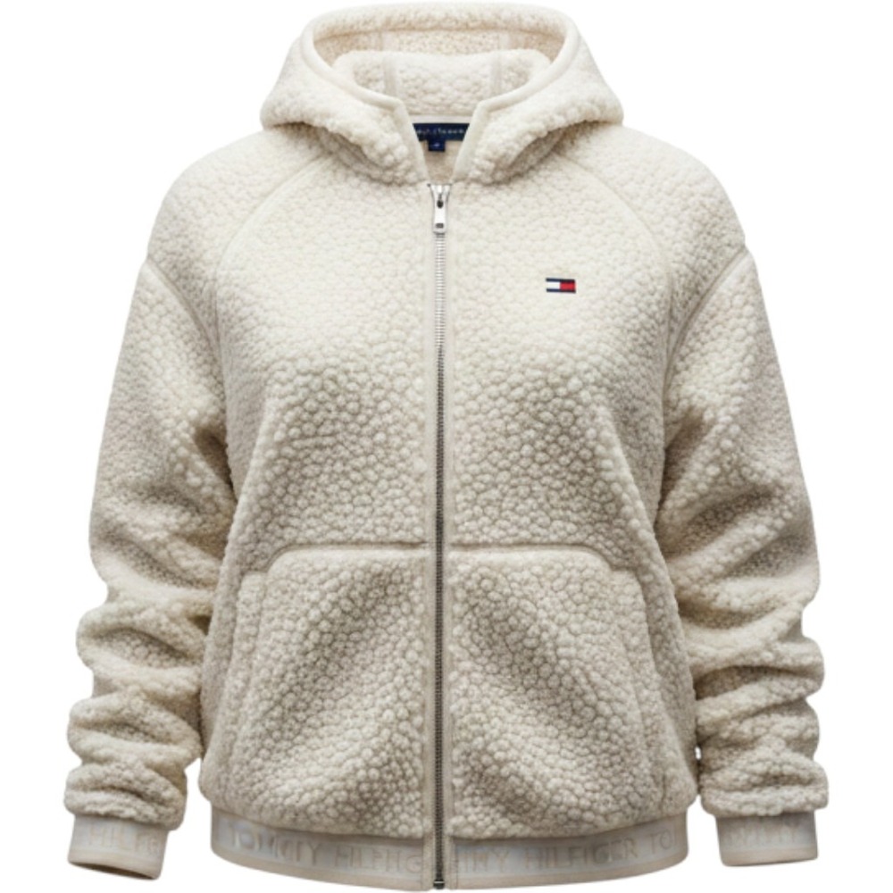 Tommy Hilfiger womens XL 16 Sherpa Fleece Full Zip Hoodie Cream White Heart Logo